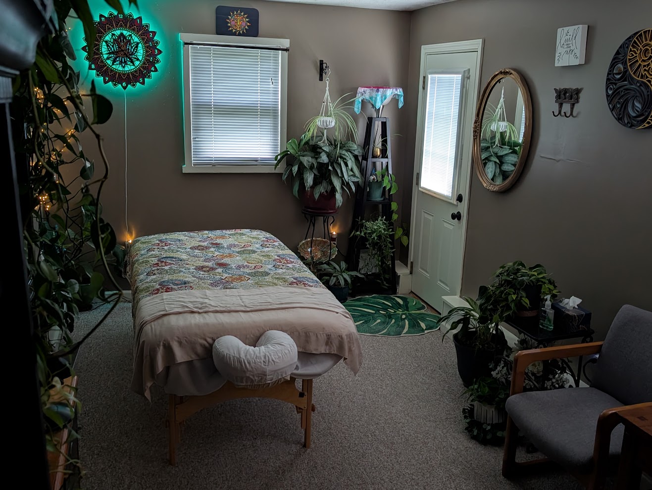 Plants and ambient lighting in the Appalachia Wellness studio